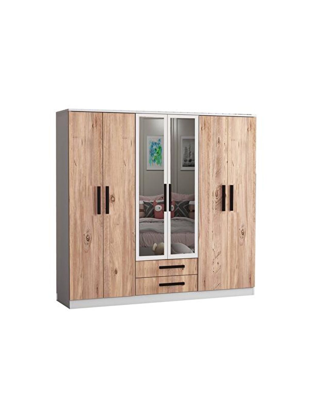 Kahverengi Deniz 6 Kapaklı 2 Çekmeceli Aynalı Gardırop - Atlantik Çam / Beyaz - 180x48x180 cm