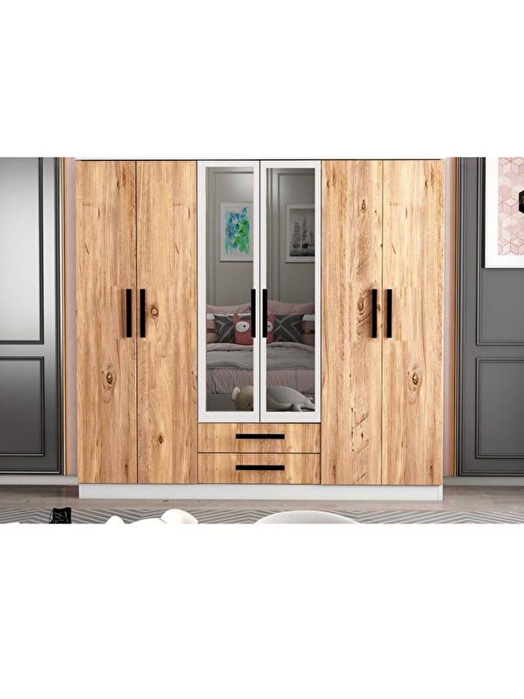 Kahverengi Deniz 6 Kapaklı 2 Çekmeceli Aynalı Gardırop - Atlantik Çam / Beyaz - 180x48x180 cm-1