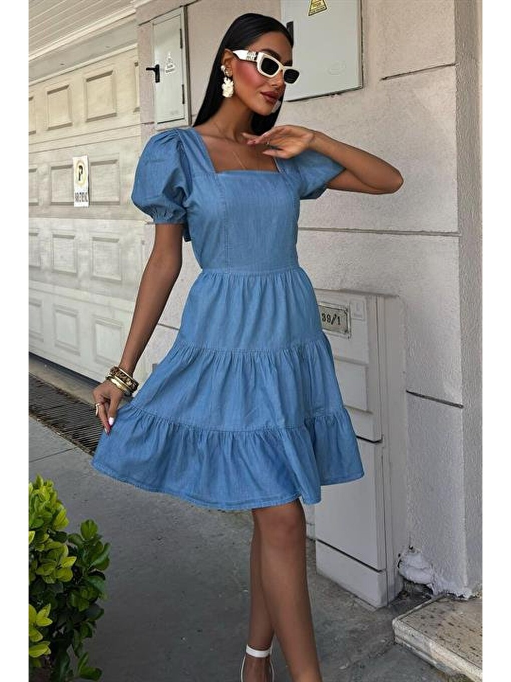 Mavi Kare Yakalı Ve Gipe Detaylı Elbise 2883-2