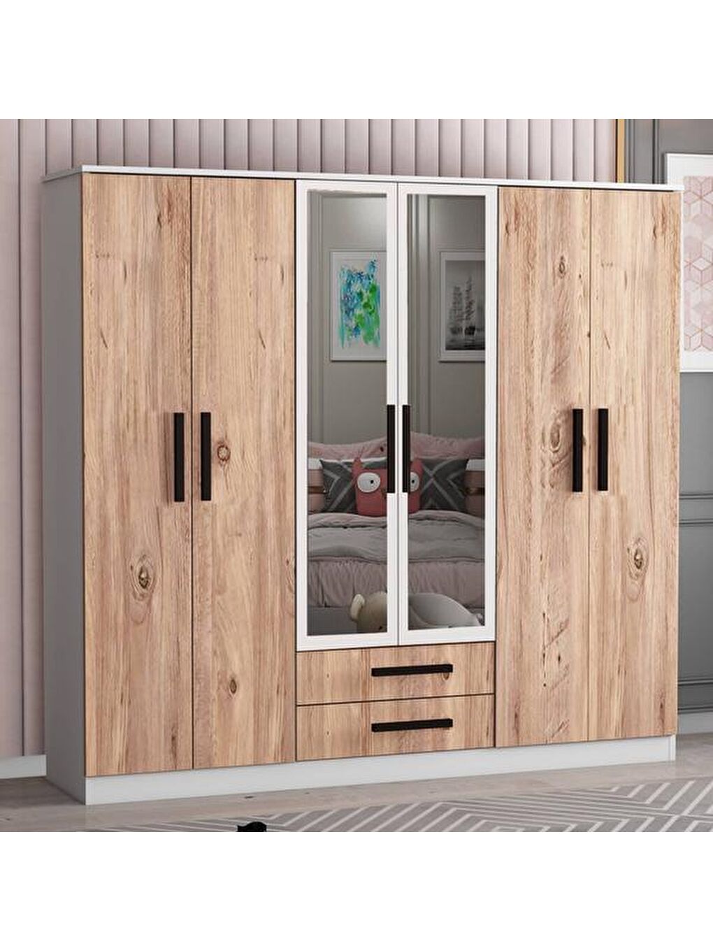 Kahverengi Deniz 6 Kapaklı 2 Çekmeceli Aynalı Gardırop - Atlantik Çam / Beyaz - 180x48x180 cm-2