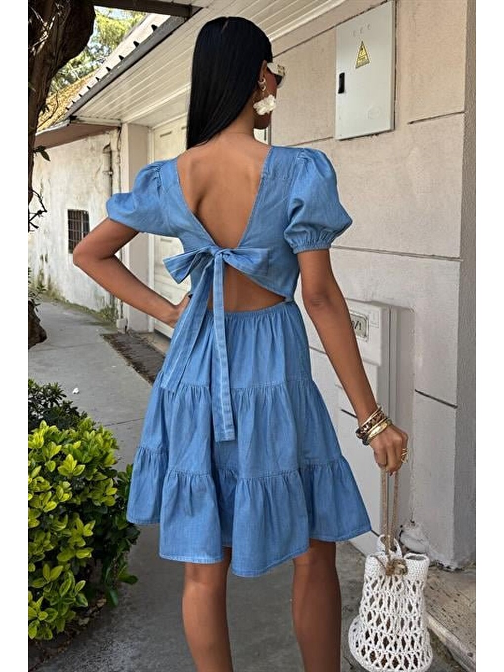 Mavi Kare Yakalı Ve Gipe Detaylı Elbise 2883-3