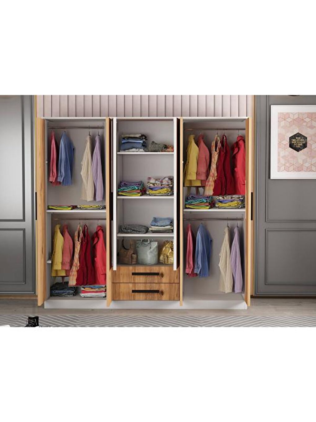 Kahverengi Deniz 6 Kapaklı 2 Çekmeceli Aynalı Gardırop - Atlantik Çam / Beyaz - 180x48x180 cm-3