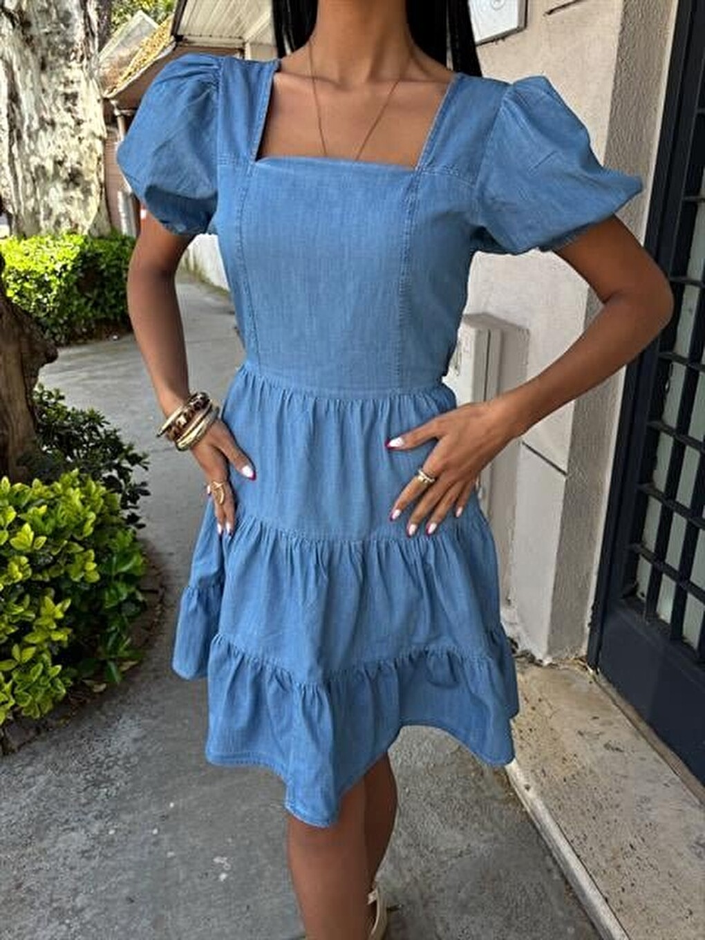 Mavi Kare Yakalı Ve Gipe Detaylı Elbise 2883-7