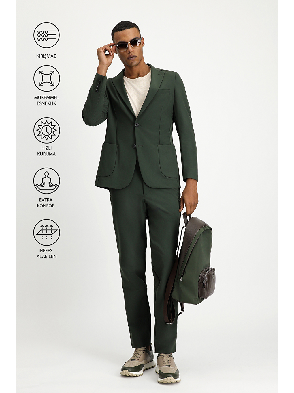 Yeşil Techno-Line Super Slim Fit Ekstra Dar Kesim Klasik Takım Elbise