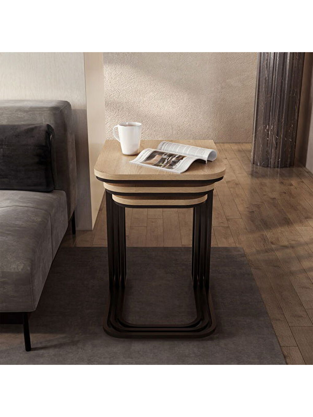 Bej Metal Ayaklı Tekerlekli C Zigon Sehpa - Karina Meşe - 62x48x41 cm-3