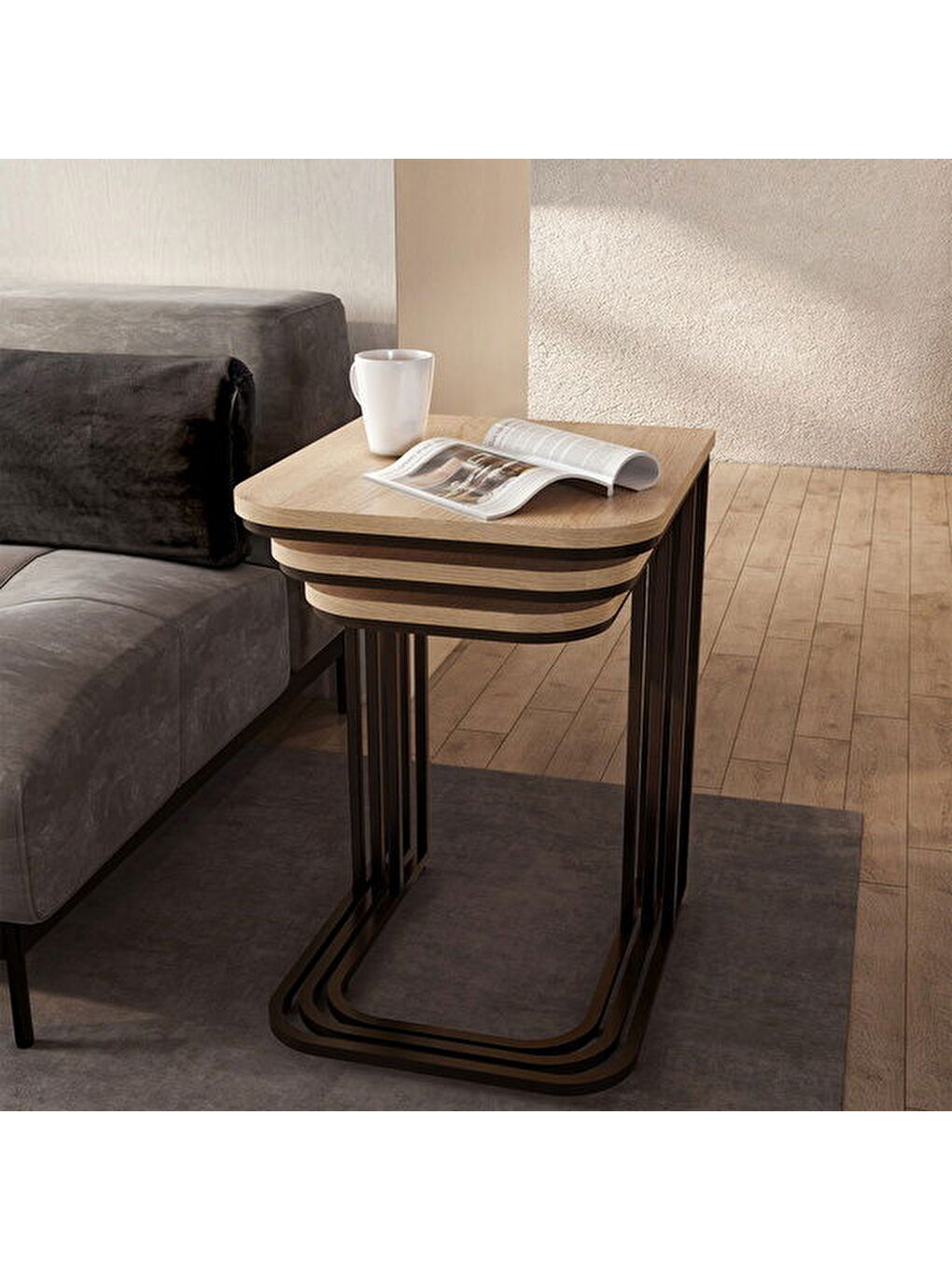 Bej Metal Ayaklı Tekerlekli C Zigon Sehpa - Karina Meşe - 62x48x41 cm-4