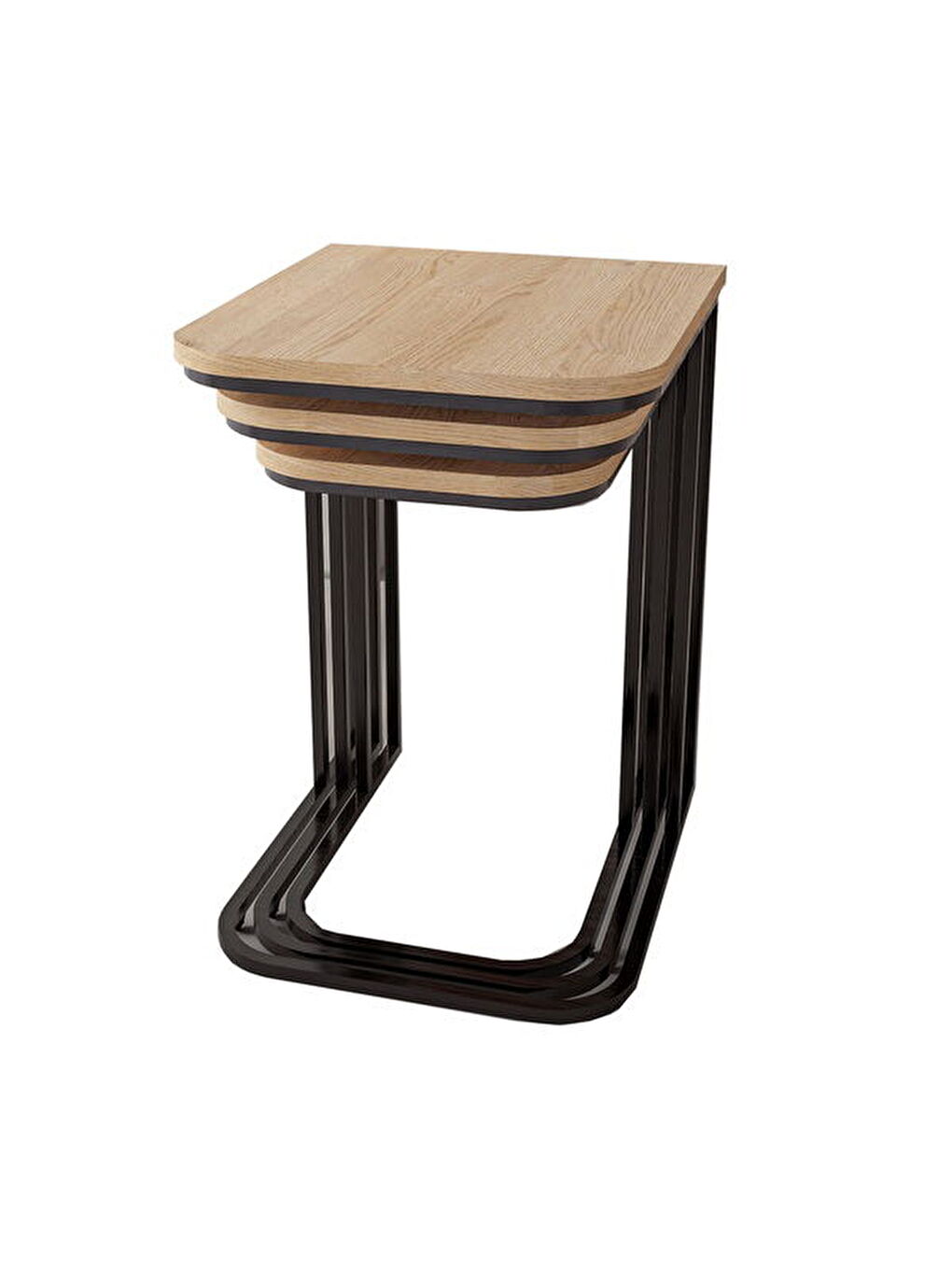 Bej Metal Ayaklı Tekerlekli C Zigon Sehpa - Karina Meşe - 62x48x41 cm-5