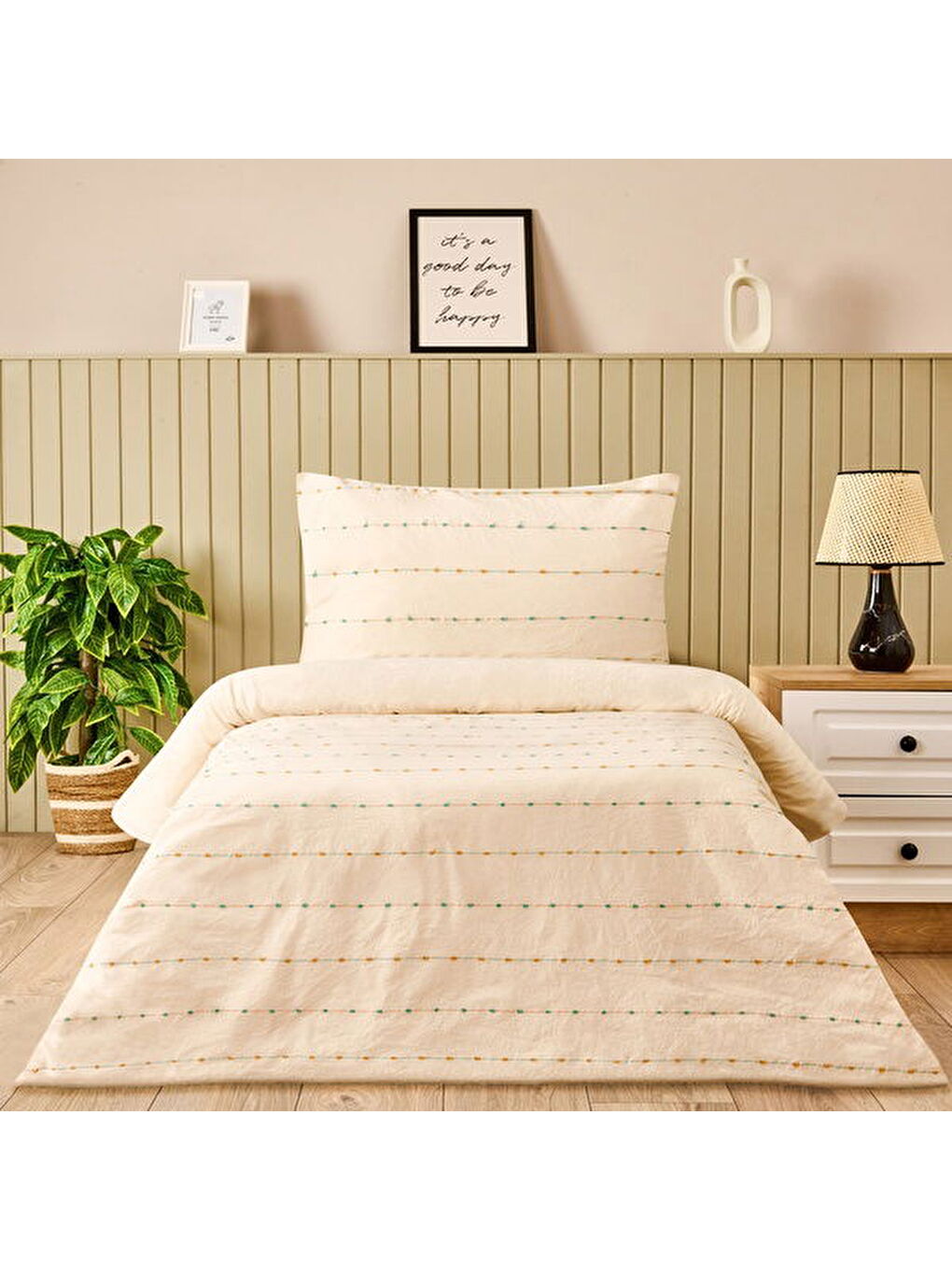 Soft Elias İpliği Boyalı Tek Kişilik Nevresim Takımı - Ekru