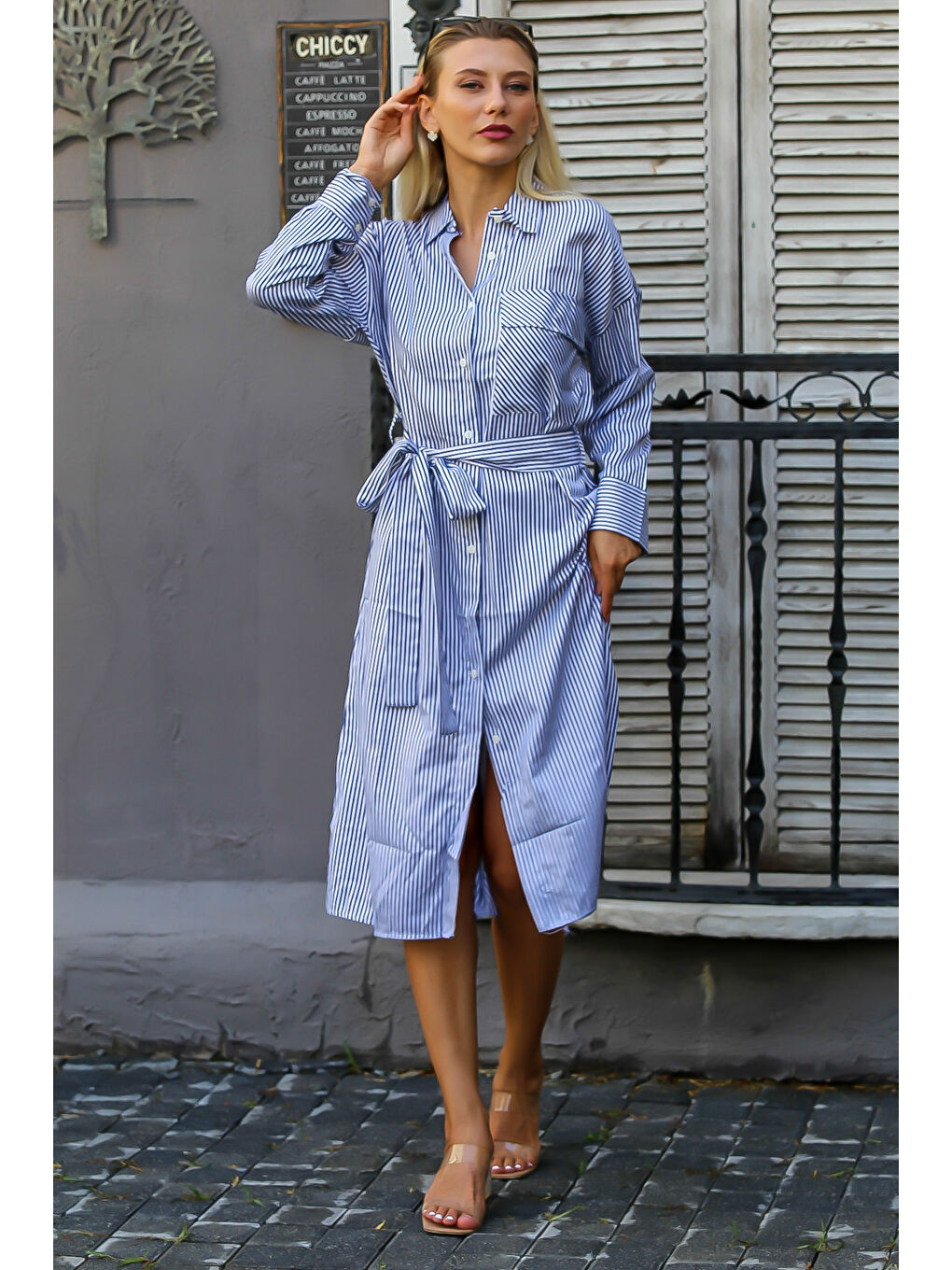 Beyaz-Mavi Gömlek Yaka Uzun Kol Çizgili Düğmeli Cepli Kuşaklı Dokuma Elbise-6