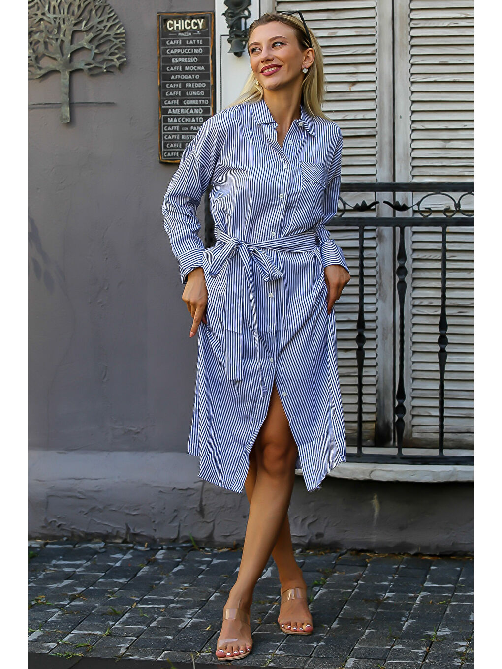 Beyaz-Mavi Gömlek Yaka Uzun Kol Çizgili Düğmeli Cepli Kuşaklı Dokuma Elbise-7