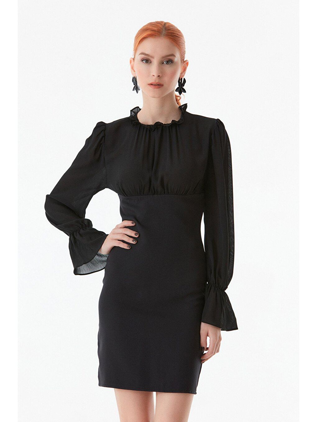 Siyah Basic Tül Detaylı Mini Elbise-2