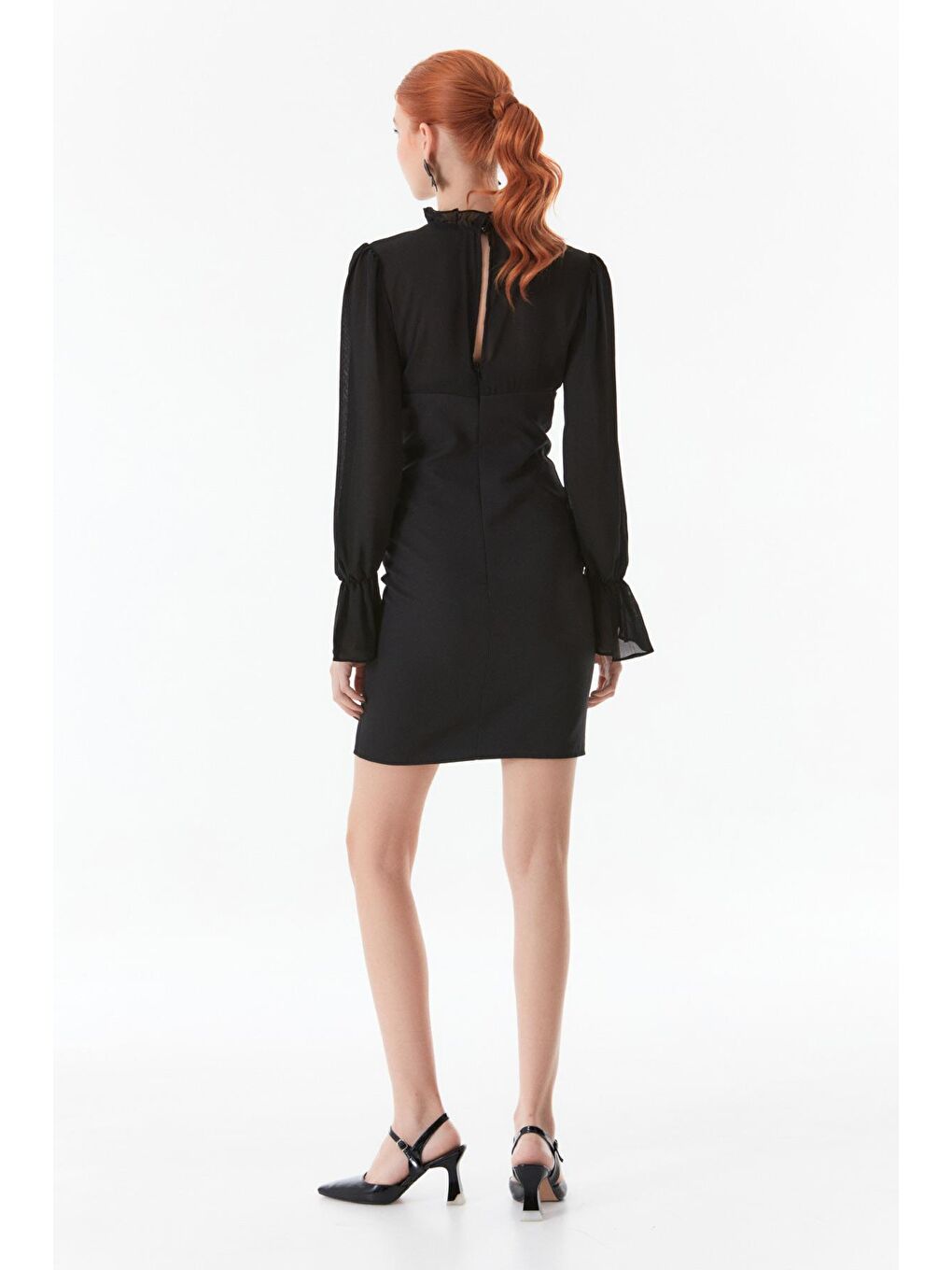 Siyah Basic Tül Detaylı Mini Elbise-3