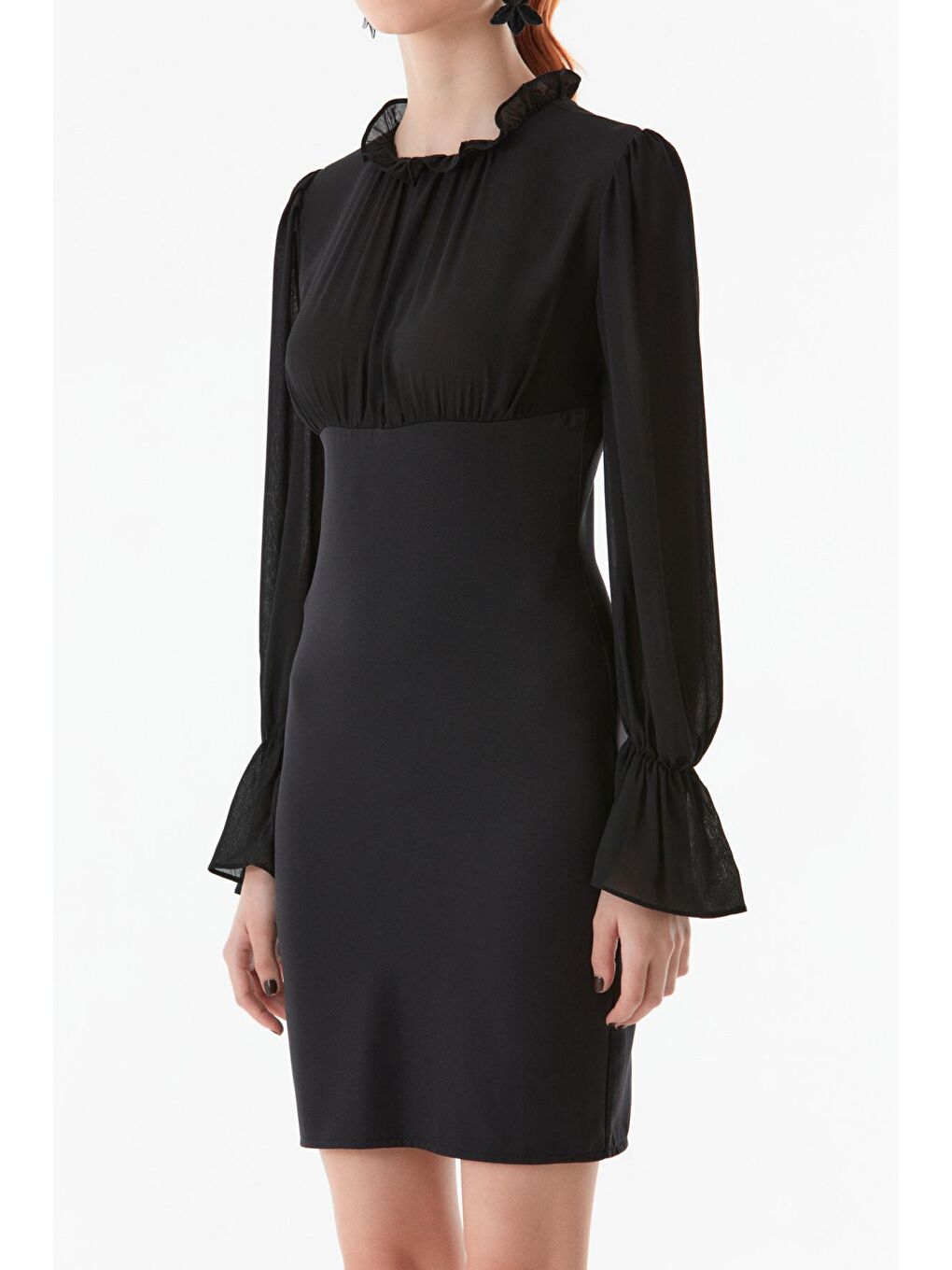 Siyah Basic Tül Detaylı Mini Elbise-4