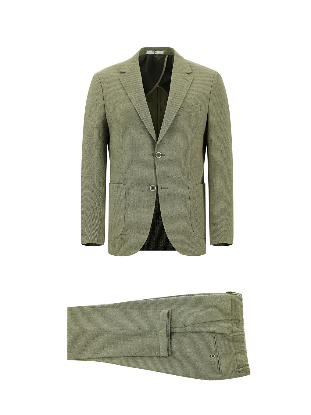 Haki Slim Fit Dar Kesim Çizgili Beli Lastikli İpli Takım Elbise