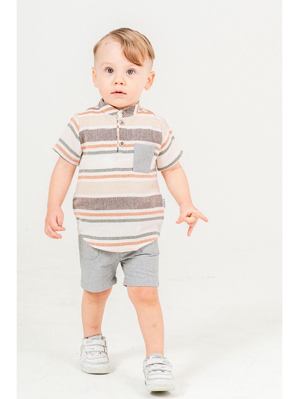 Gri Tarz Gömlek Çizgi Desenli Belden Ayarlanabilir Kısa Kollu Şortlu 2'li Takım