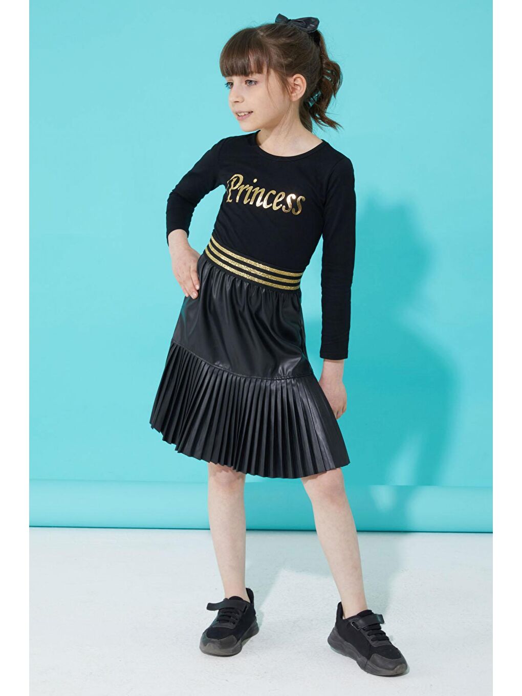 Siyah Prenses Baskılı Bluzlu Etekli Kız Takım 15335-1