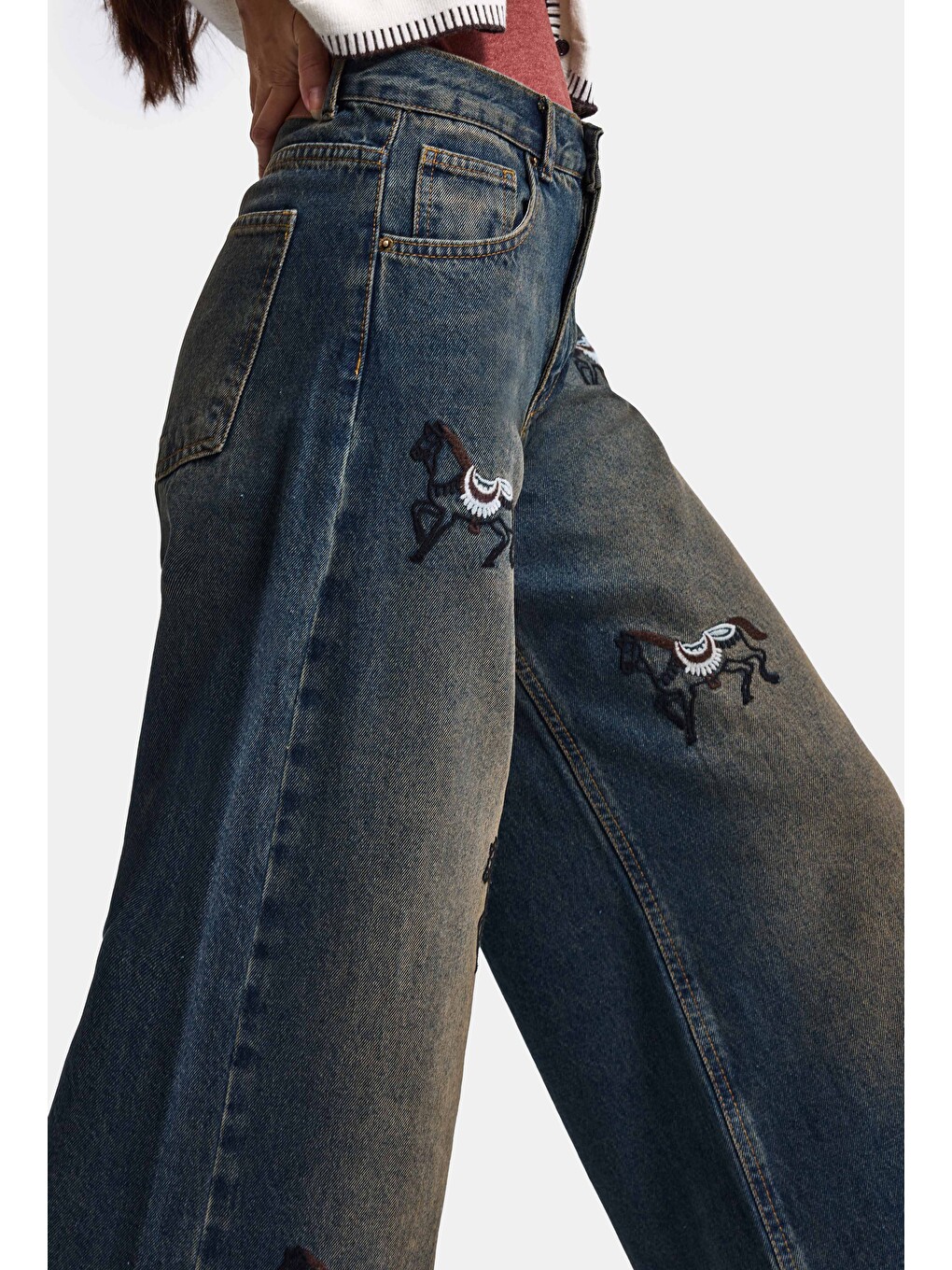 Mavi Kadın Koyu Jean 2w6-8 Palazzo Fit Özel Nakış Desenli Tasarım Denim Jean-4