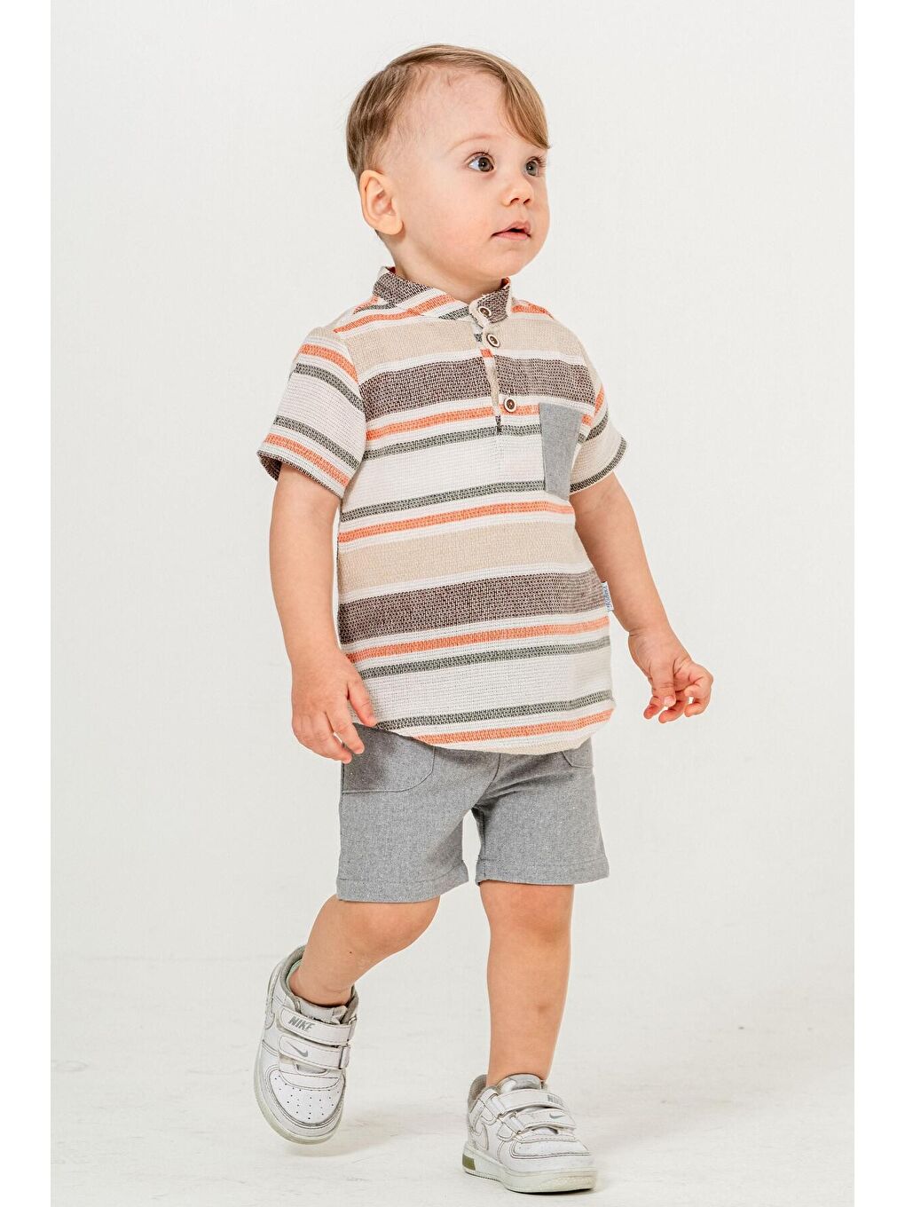 Gri Tarz Gömlek Çizgi Desenli Belden Ayarlanabilir Kısa Kollu Şortlu 2'li Takım-1