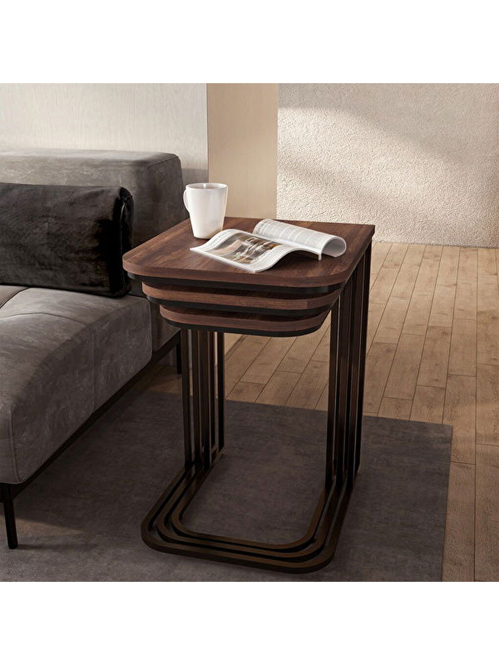 Kahverengi Metal Ayaklı Tekerlekli C Zigon Sehpa - Barok Ceviz - 62x48x41 cm-3