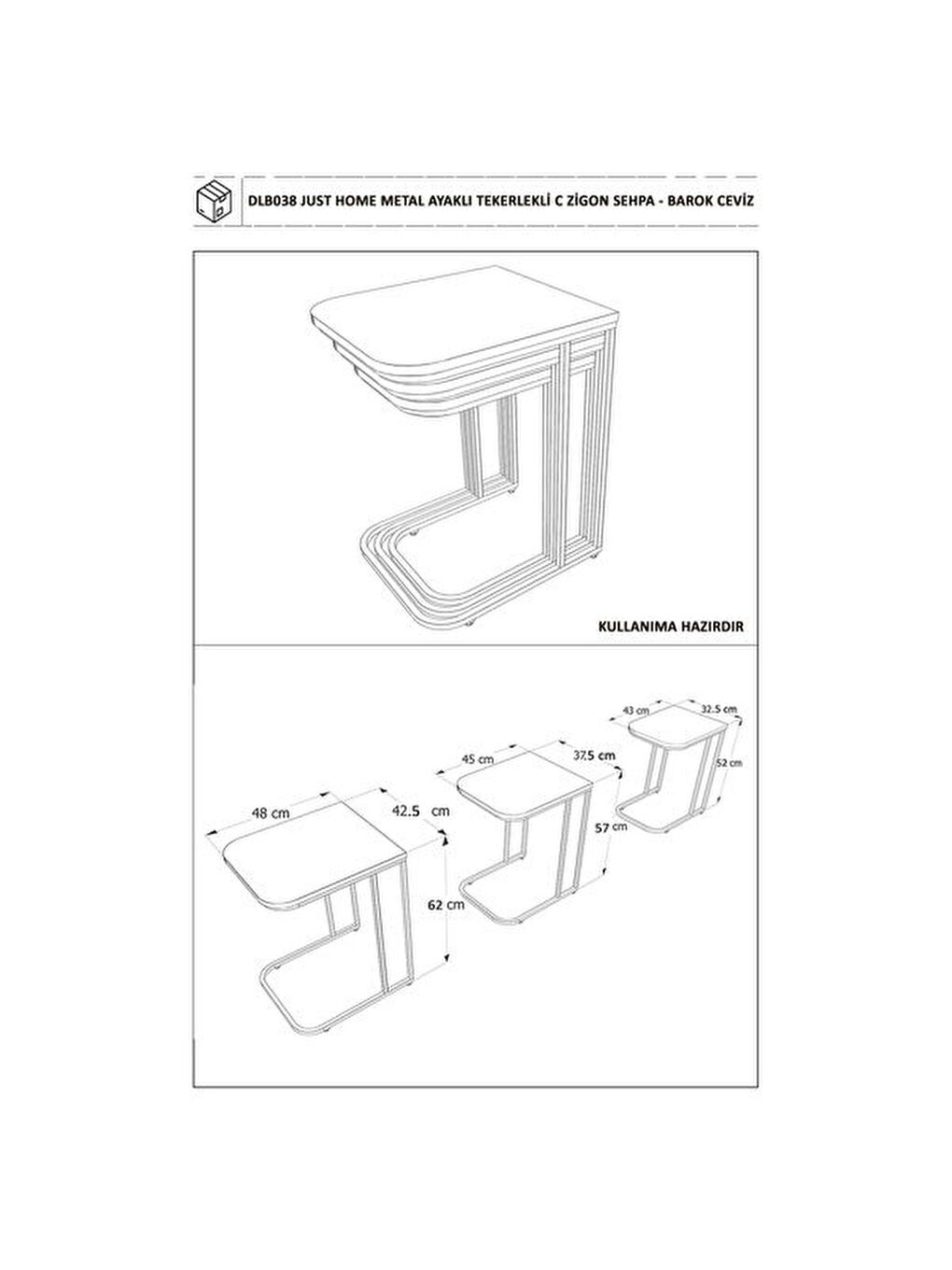 Kahverengi Metal Ayaklı Tekerlekli C Zigon Sehpa - Barok Ceviz - 62x48x41 cm-5