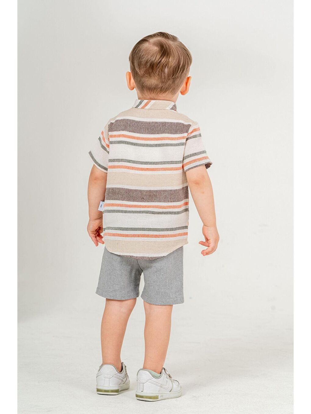 Gri Tarz Gömlek Çizgi Desenli Belden Ayarlanabilir Kısa Kollu Şortlu 2'li Takım-3