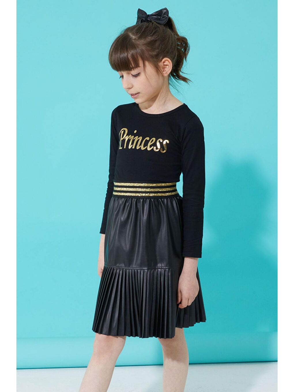 Siyah Prenses Baskılı Bluzlu Etekli Kız Takım 15335-4