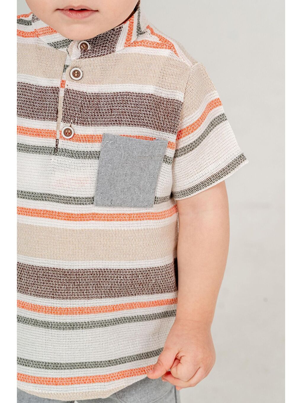 Gri Tarz Gömlek Çizgi Desenli Belden Ayarlanabilir Kısa Kollu Şortlu 2'li Takım-4