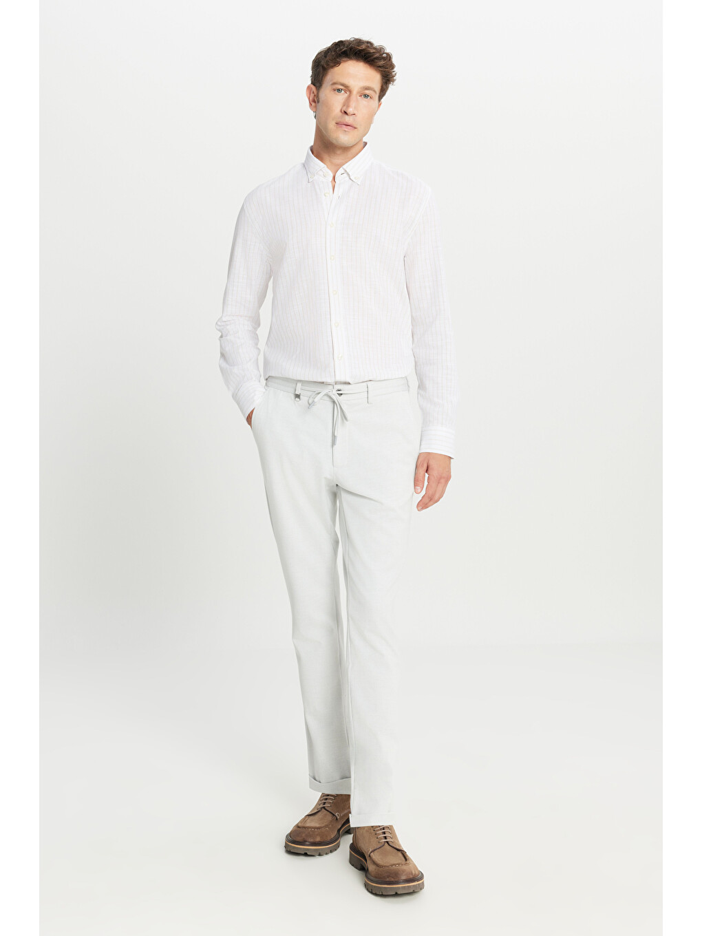 Erkek Gri Slim Fit Dar Kesim Beli Bağlamalı Yan Cepli Esnek Casual Pantolon-1