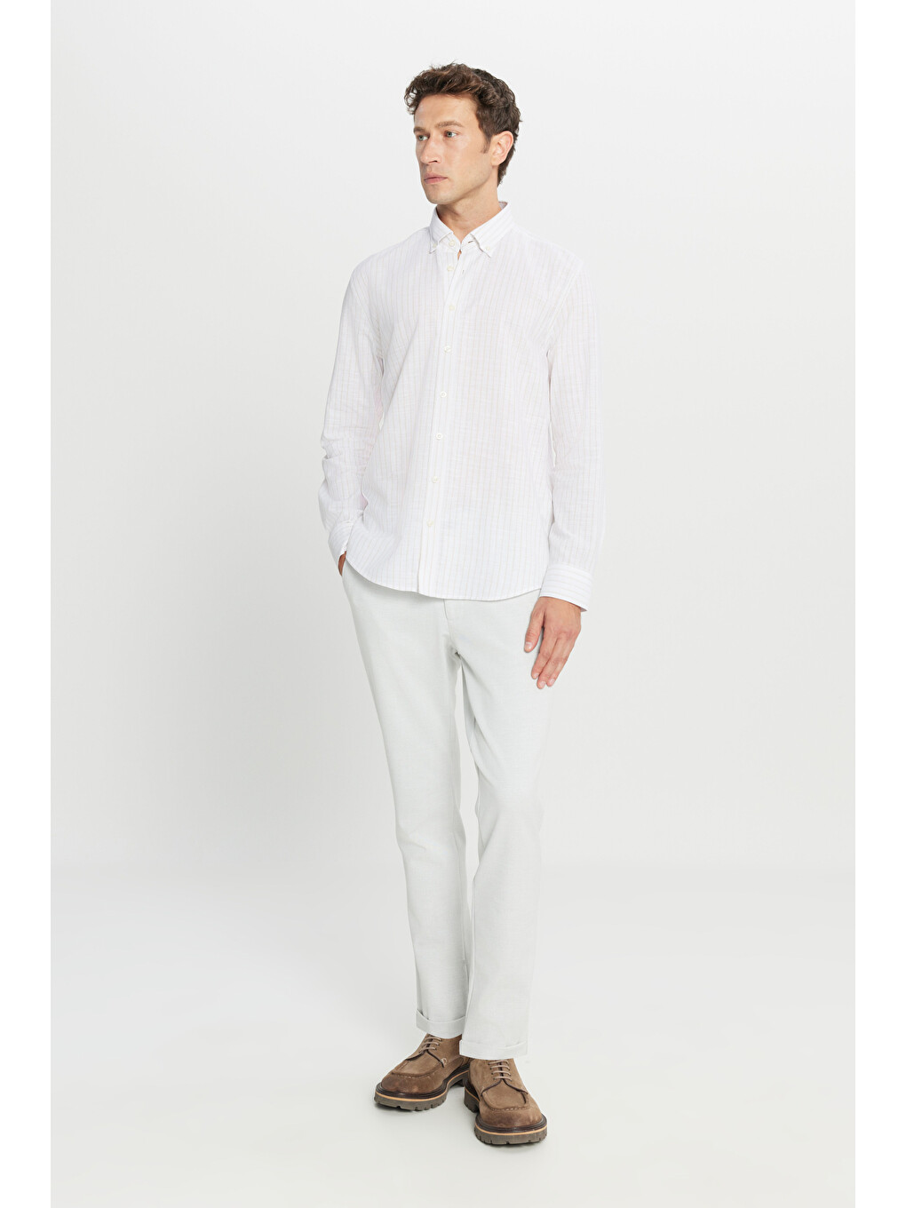 Erkek Gri Slim Fit Dar Kesim Beli Bağlamalı Yan Cepli Esnek Casual Pantolon-2
