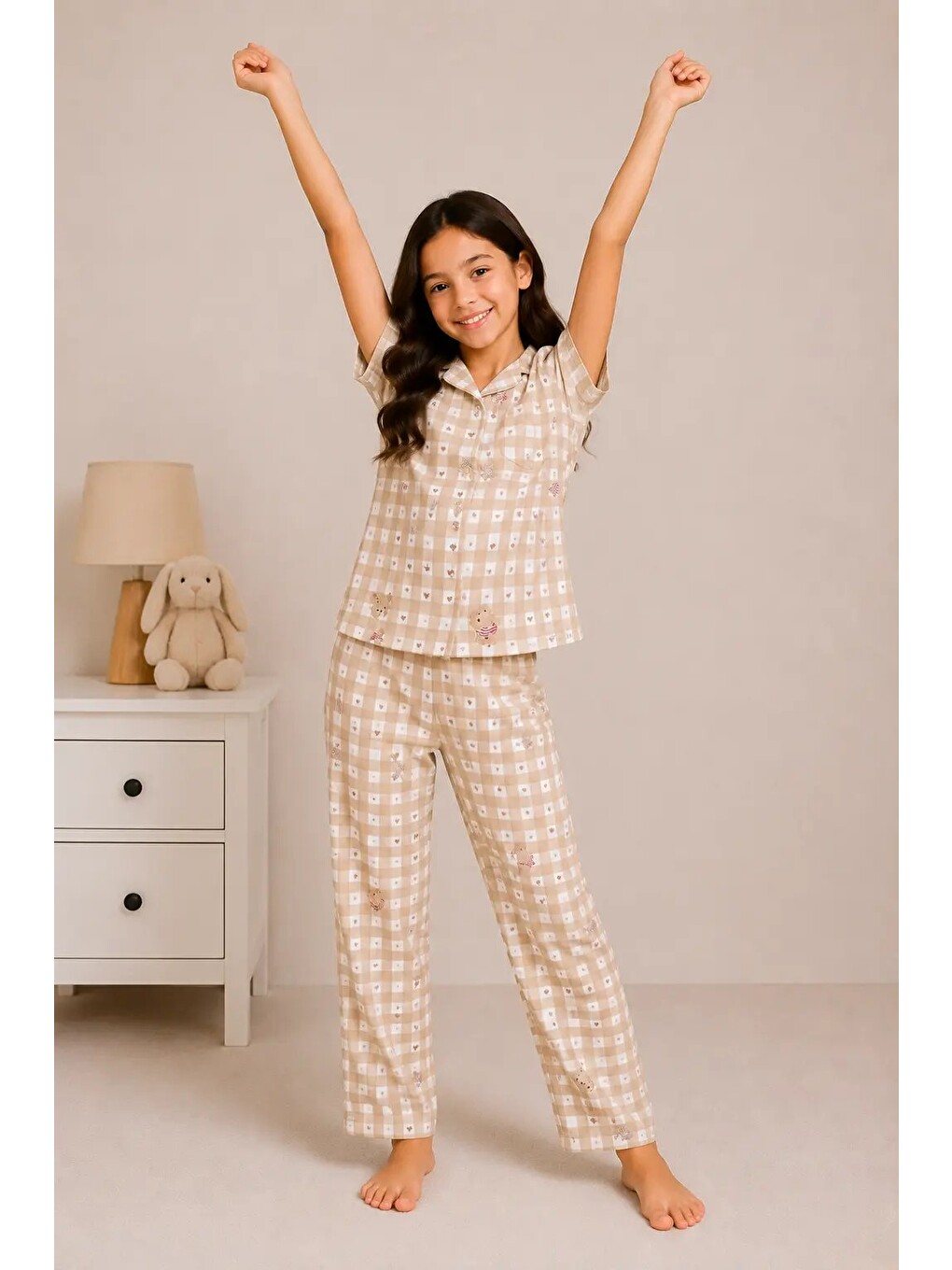 Kahverengi Desenli Kız Çocuk Pijama Takımı 9929-1