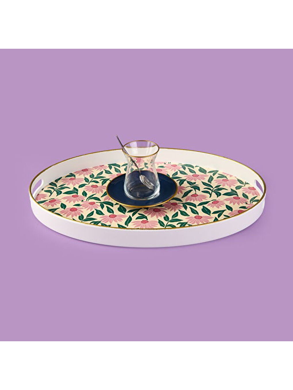 Karışık Kitchen Pink Flower Oval Tepsi - Renkli - 39 cm-1