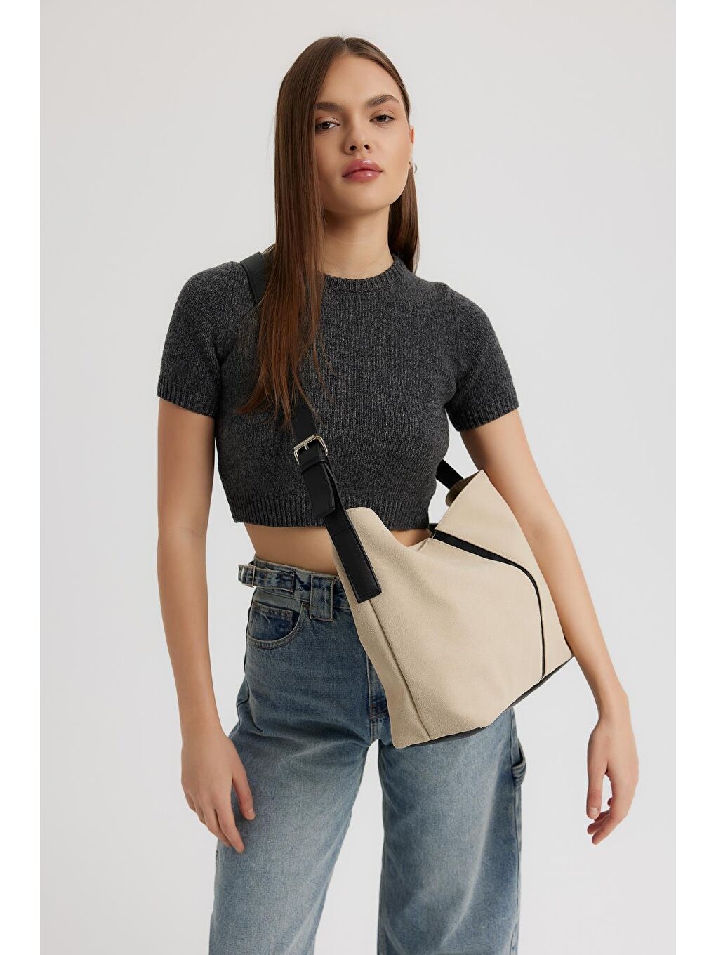 Ekru Agatha Süet Omuz Çantası Krem-1