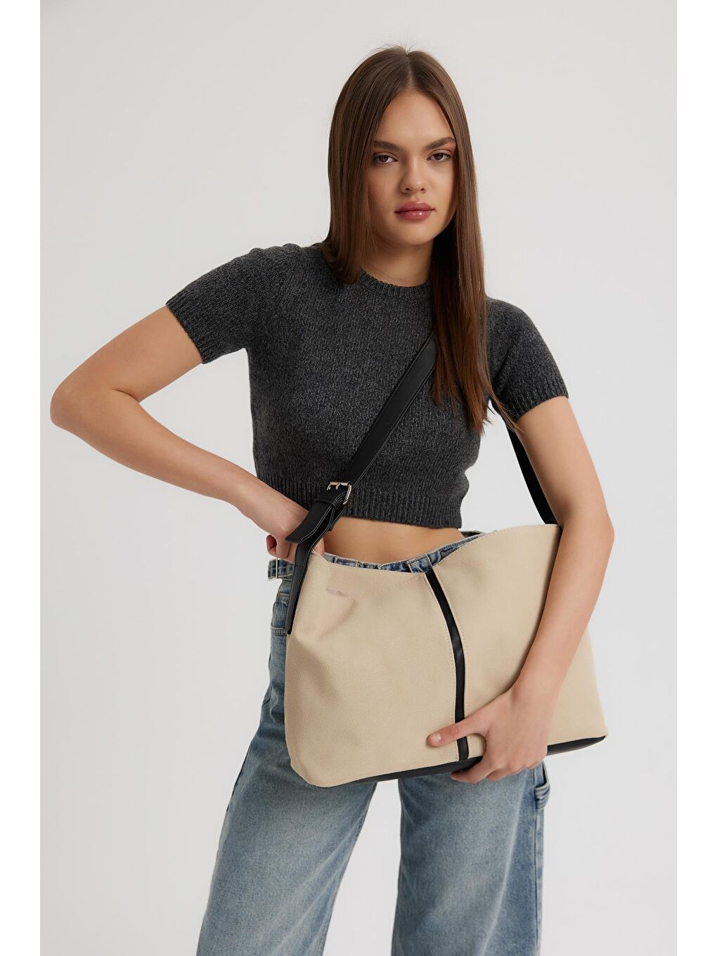 Ekru Agatha Süet Omuz Çantası Krem-2