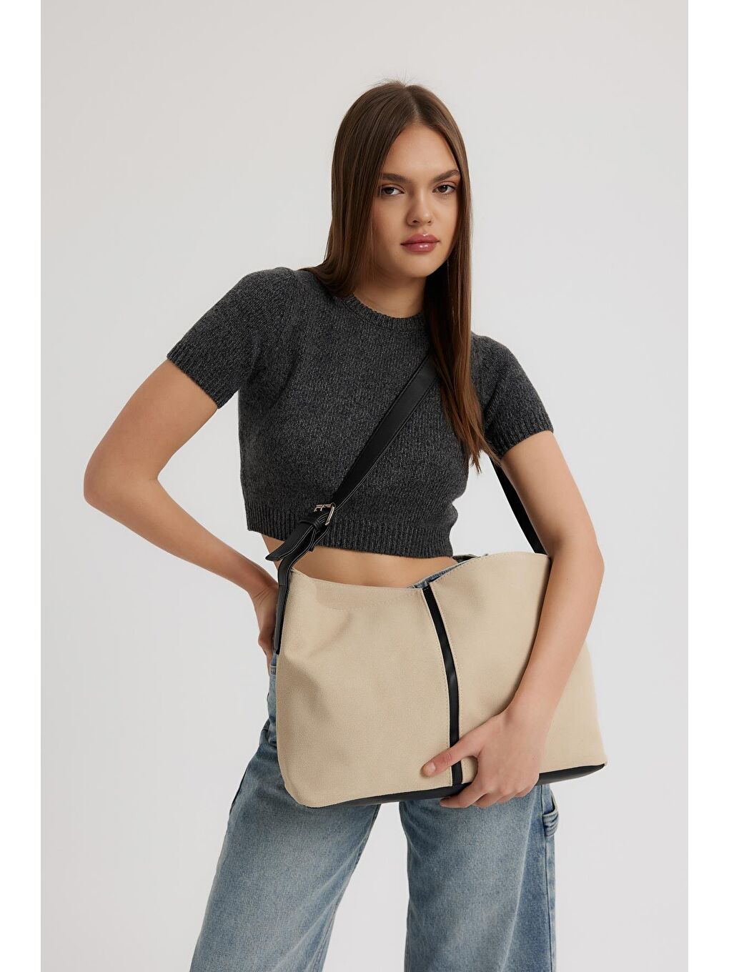 Ekru Agatha Süet Omuz Çantası Krem-3