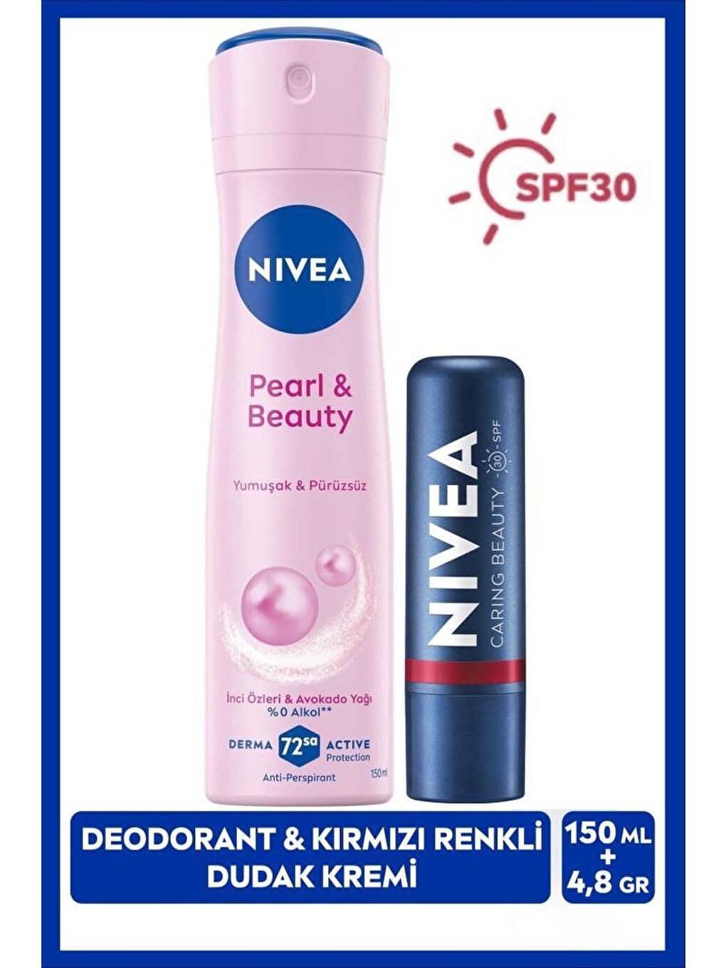 SPF30 Güneş Koruyucu Nemlendirici Kırmızı Renkli Dudak Kremi ve Sprey Deodorant Pearl&Beauty 150ml