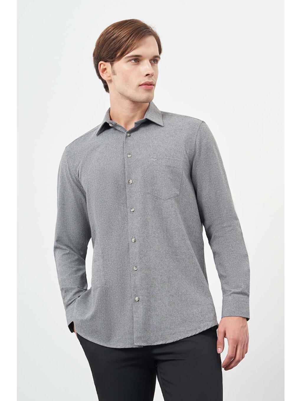 Gri Füme Uzun Kol Düz Gabardin Sert Yaka Cepli Pamuklu Classic Comfort Fit Gömlek 1004245168-2
