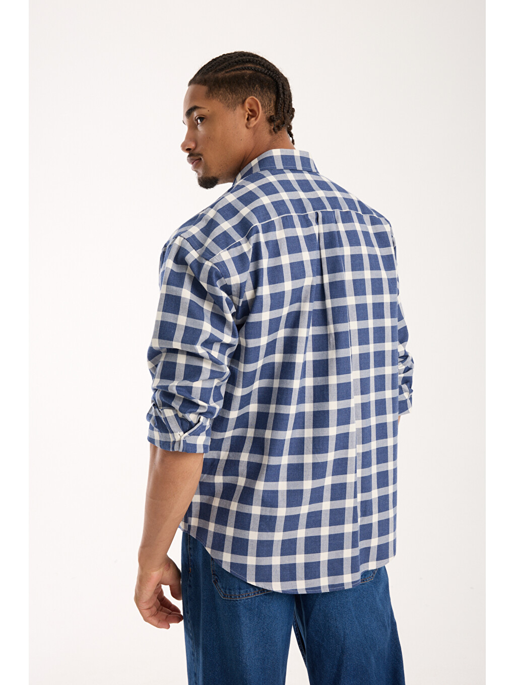 Rio Dokuma Pamuklu Oversize Fit Lacivert Klasik Yaka Erkek Kareli Gömlek-3