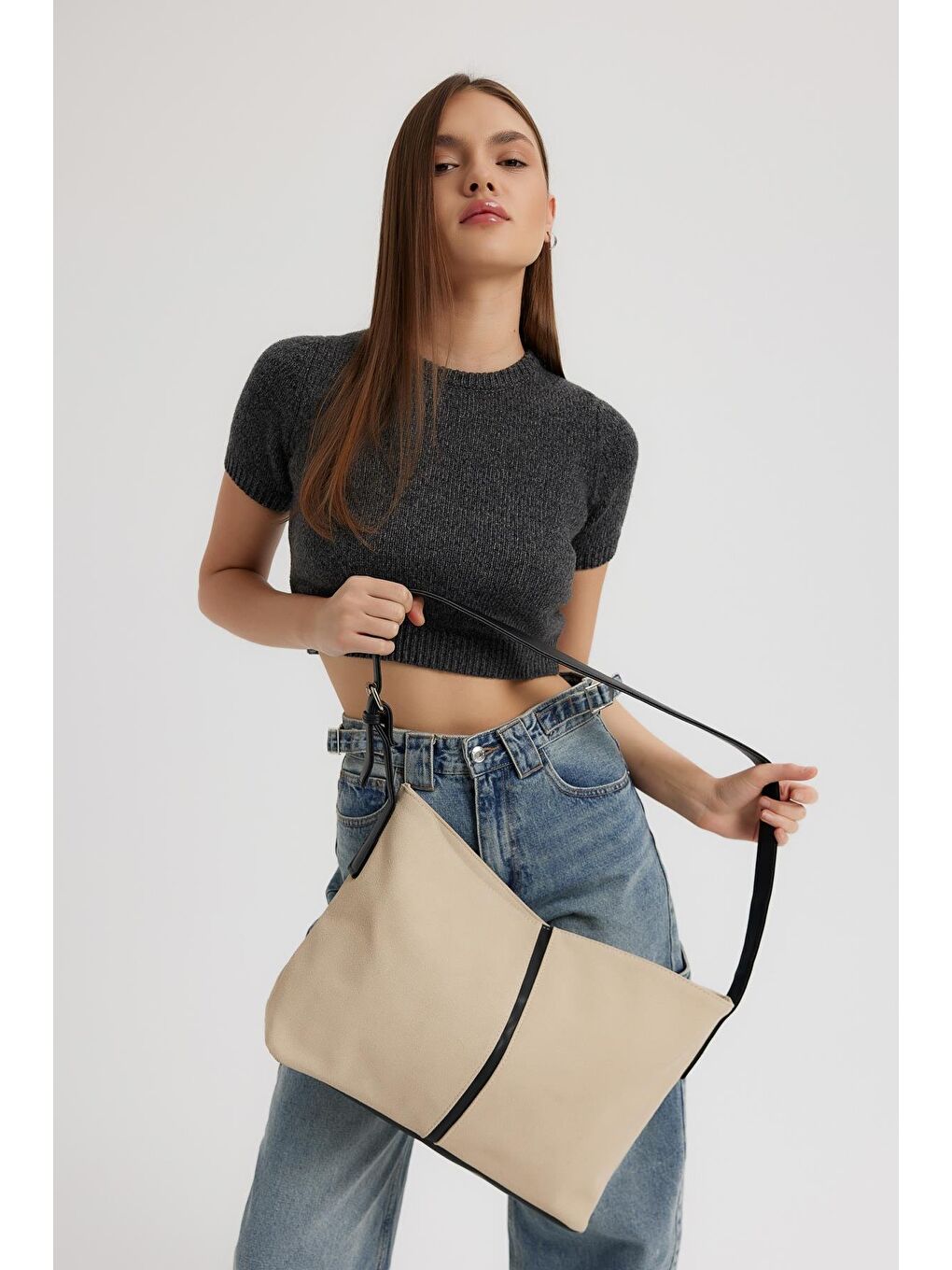 Ekru Agatha Süet Omuz Çantası Krem-5