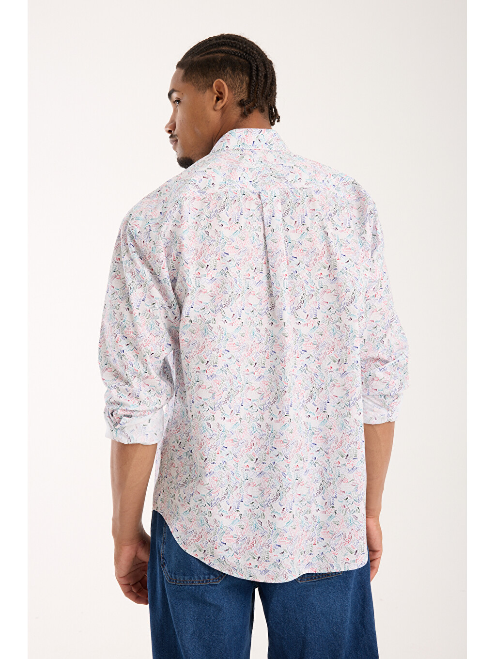 Rio Poplin Pamuklu Oversize Fit Beyaz Klasik Yaka Erkek Baskılı Gömlek-4
