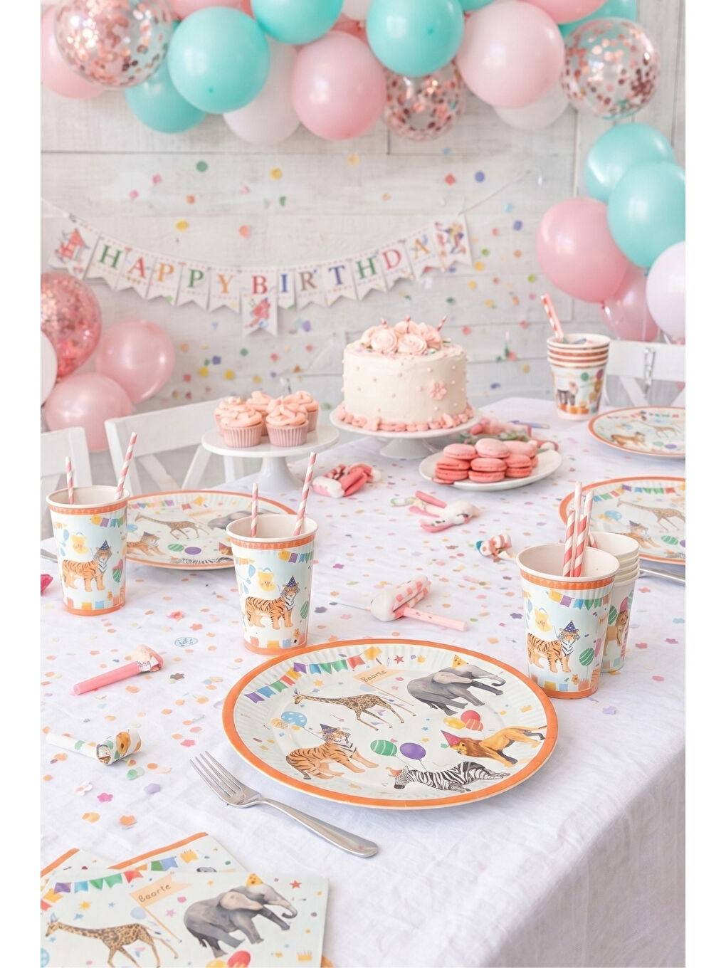 Karışık Çok Renkli Safari Temalı 8'li Tabak Bardak Set-1