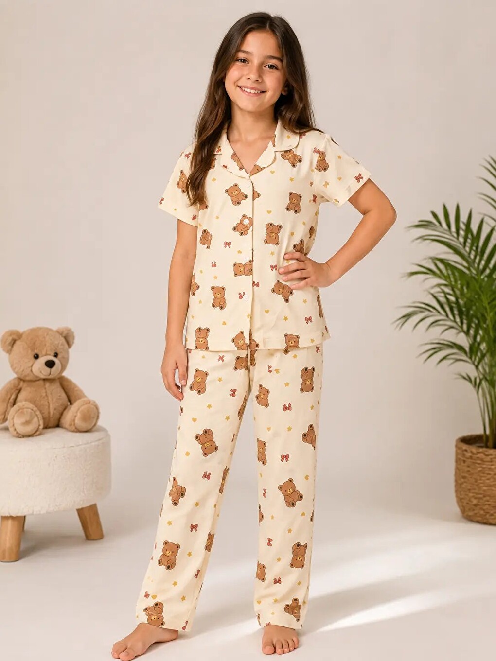 Ekru Desenli Kız Çocuk Pijama Takımı 9929-2