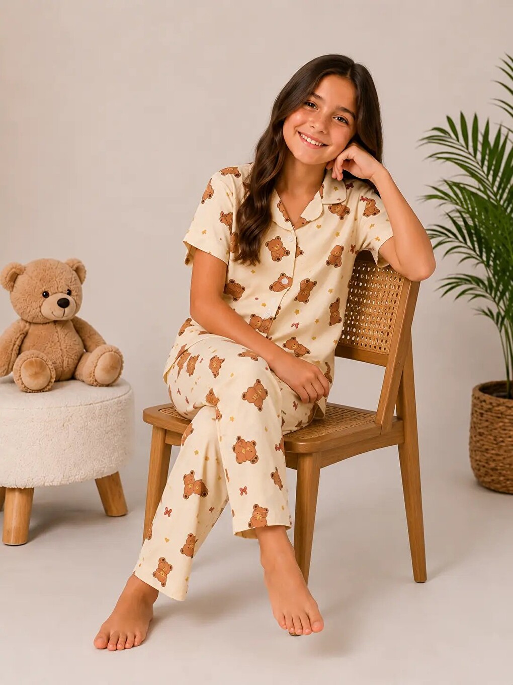 Ekru Desenli Kız Çocuk Pijama Takımı 9929-3