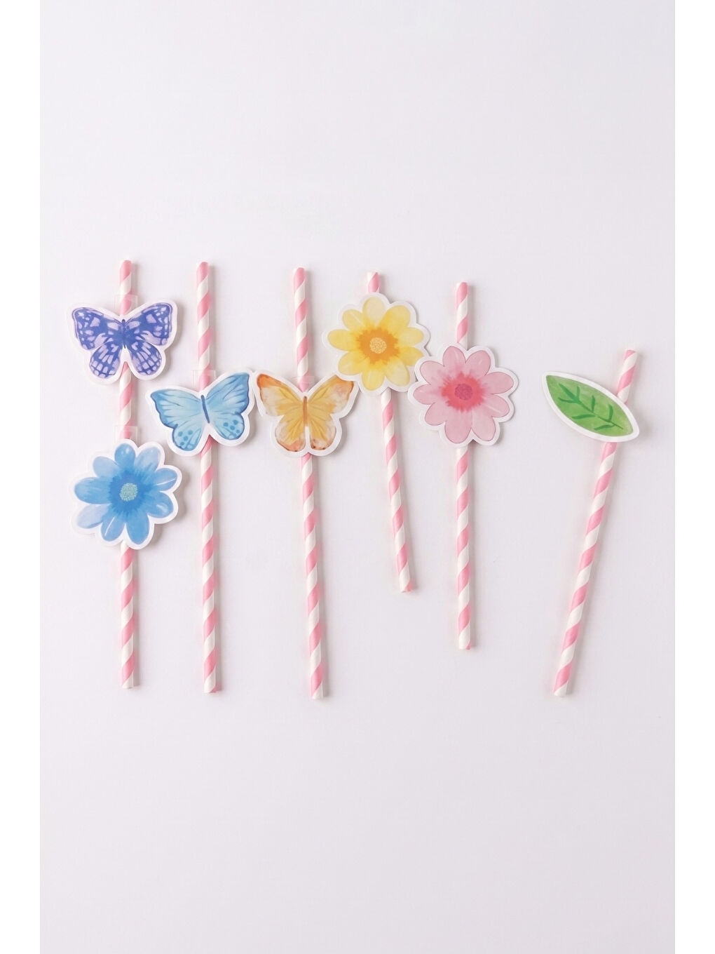 Karışık Çok Renkli 8'li Kelebek ve Çiçek Temalı Kağıt Parti Pipeti