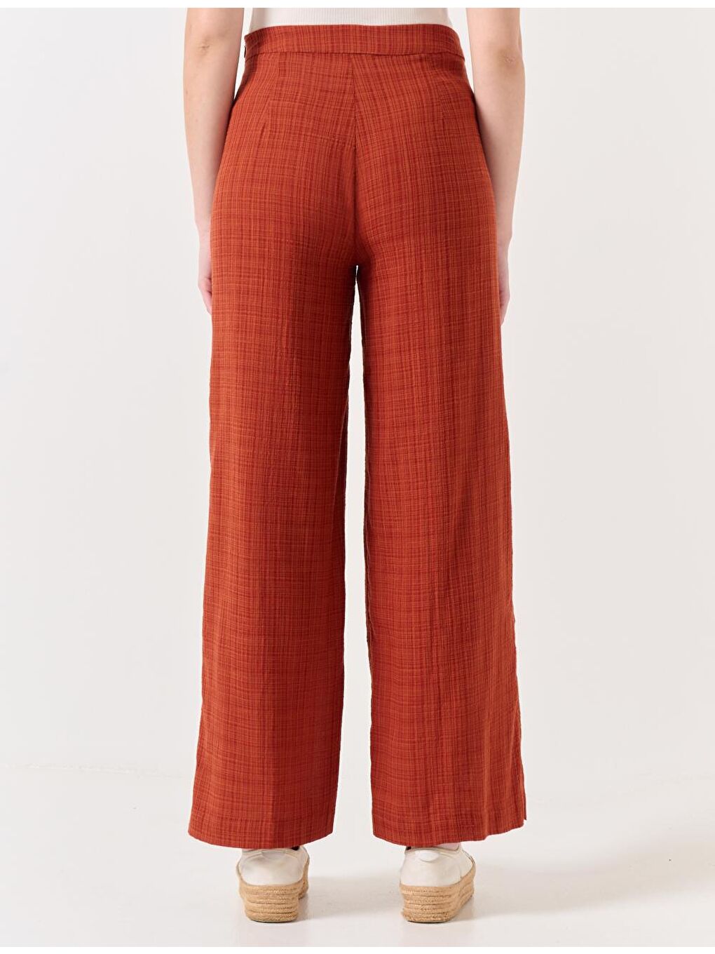 Kahverengi Tuğla Rengi Yüksek Bel Bol Paça Yırtmaçlı Pantolon-5