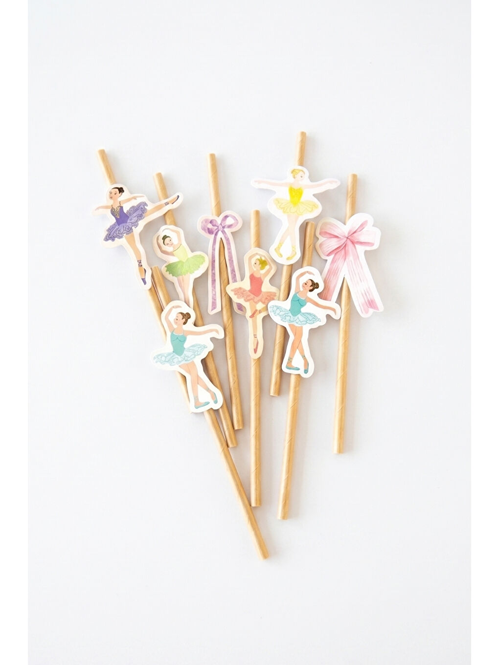 Karışık Çok Renkli 7'li Balerin Figürlü Kağıt Parti Pipeti