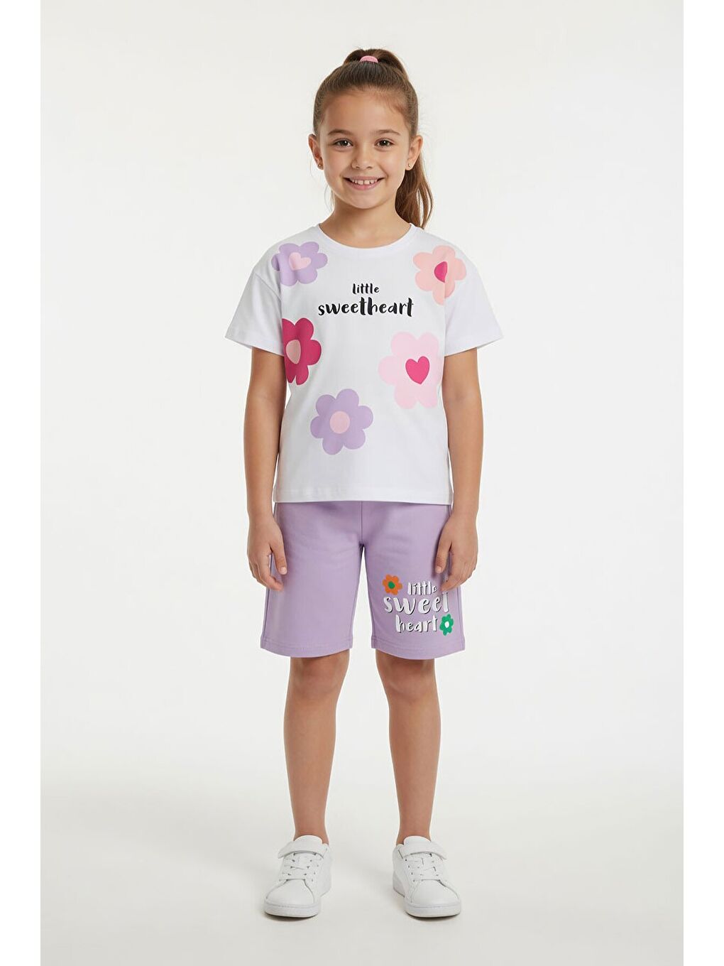 Lila Çiçek Desenli Tişörtlü Kız Çocuk Şortlu 2 Takım 23852