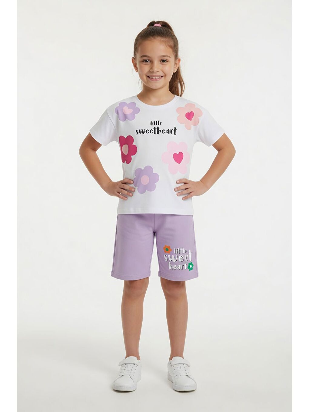 Lila Çiçek Desenli Tişörtlü Kız Çocuk Şortlu 2 Takım 23852-1