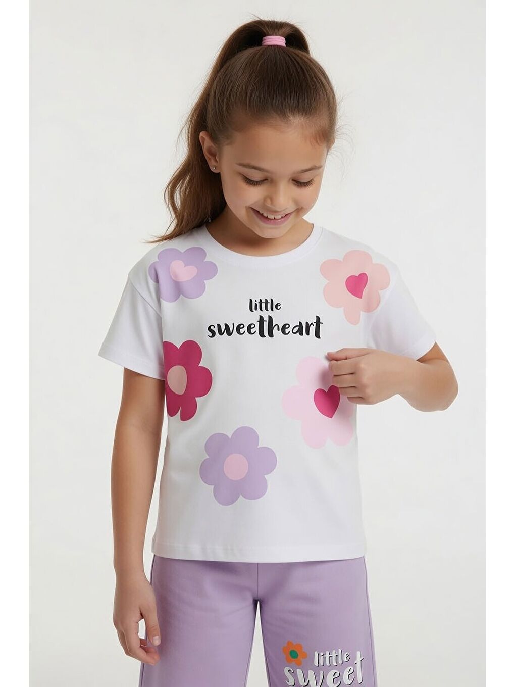 Lila Çiçek Desenli Tişörtlü Kız Çocuk Şortlu 2 Takım 23852-2