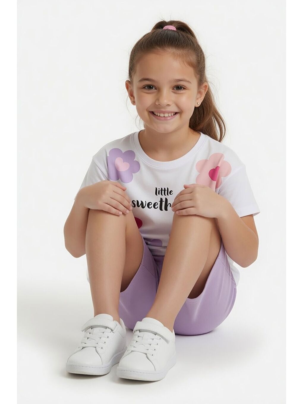 Lila Çiçek Desenli Tişörtlü Kız Çocuk Şortlu 2 Takım 23852-3