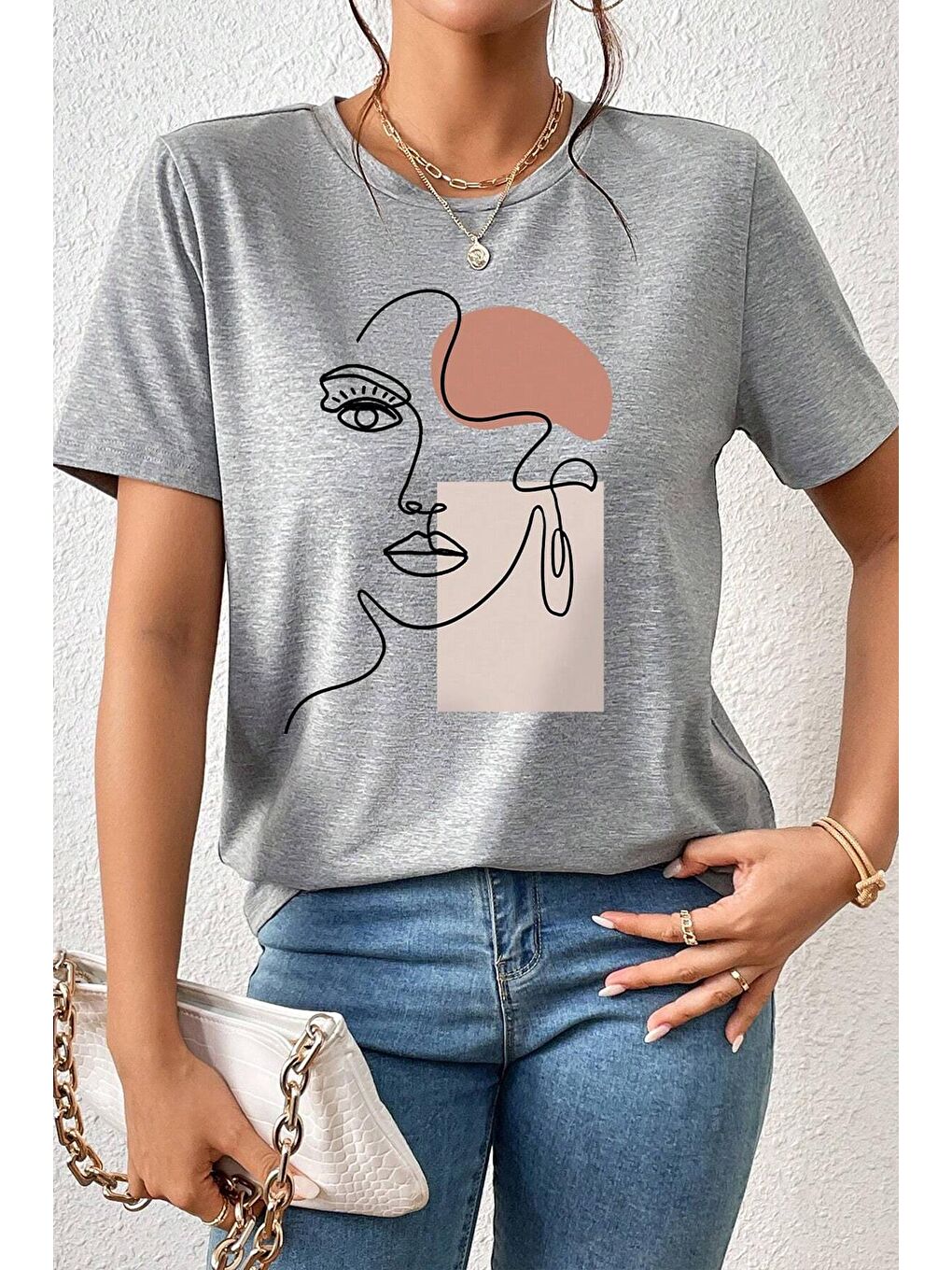 uyguntarz Gri Unisex Make Up Siluet Baskılı Tasarım Tshirt